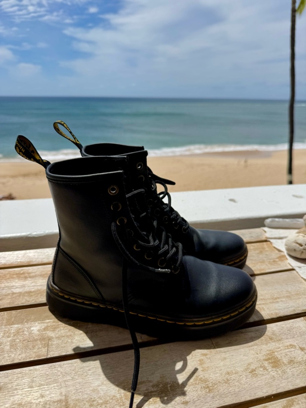 Dr. Martens Black Leather Lace-Up Boots with Yellow Detail